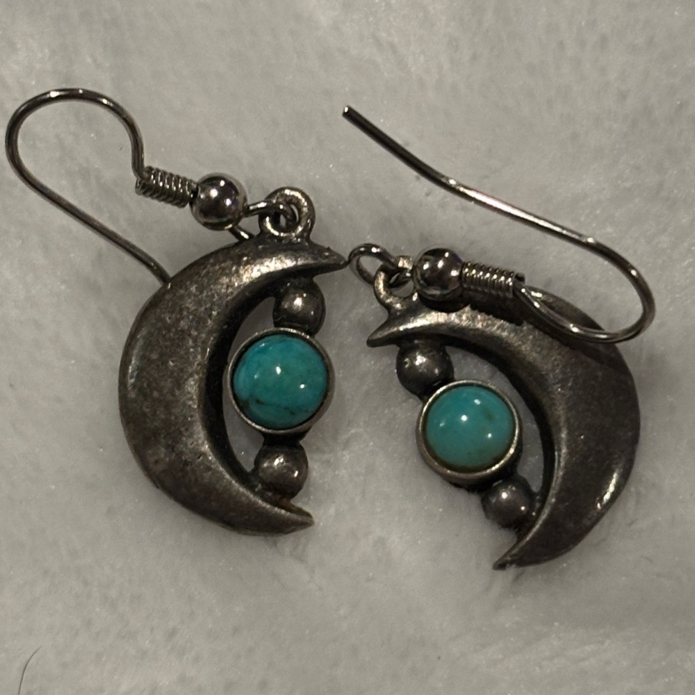 Silver Crescent Moon Earrings with Turquoise Accents